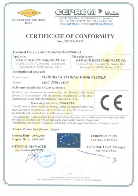 CE certificate of SLIDEback sliding door closer